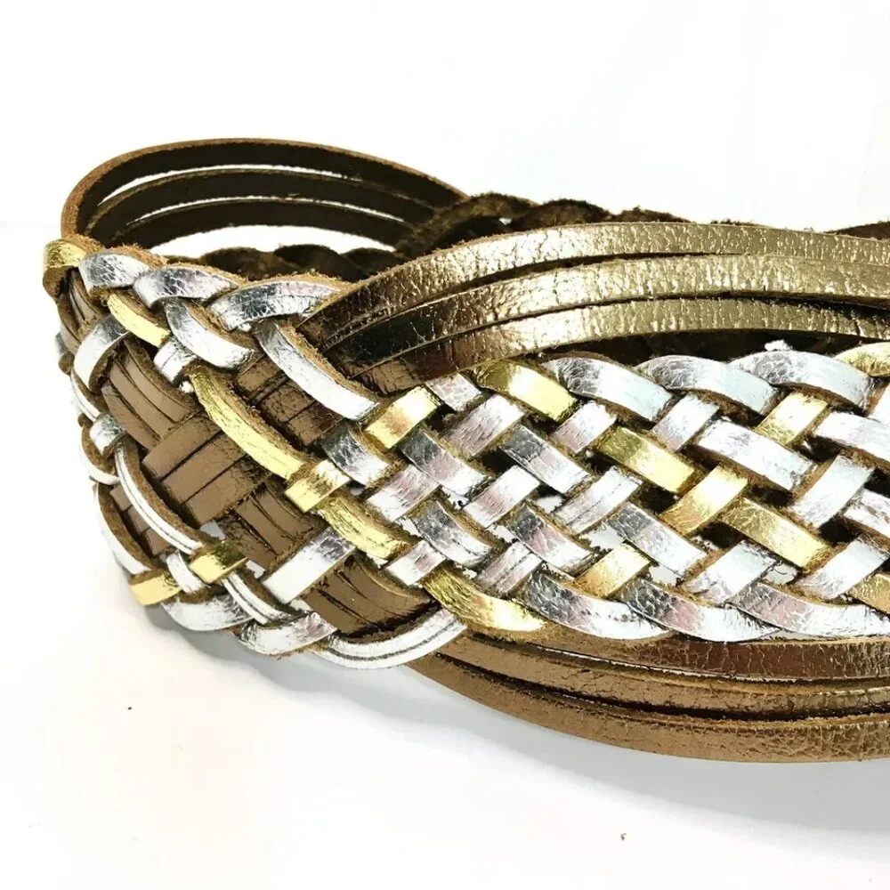 Metallic Silver Gold Braided Leather Sz S Belt 36” Large Metal Medallion Closure